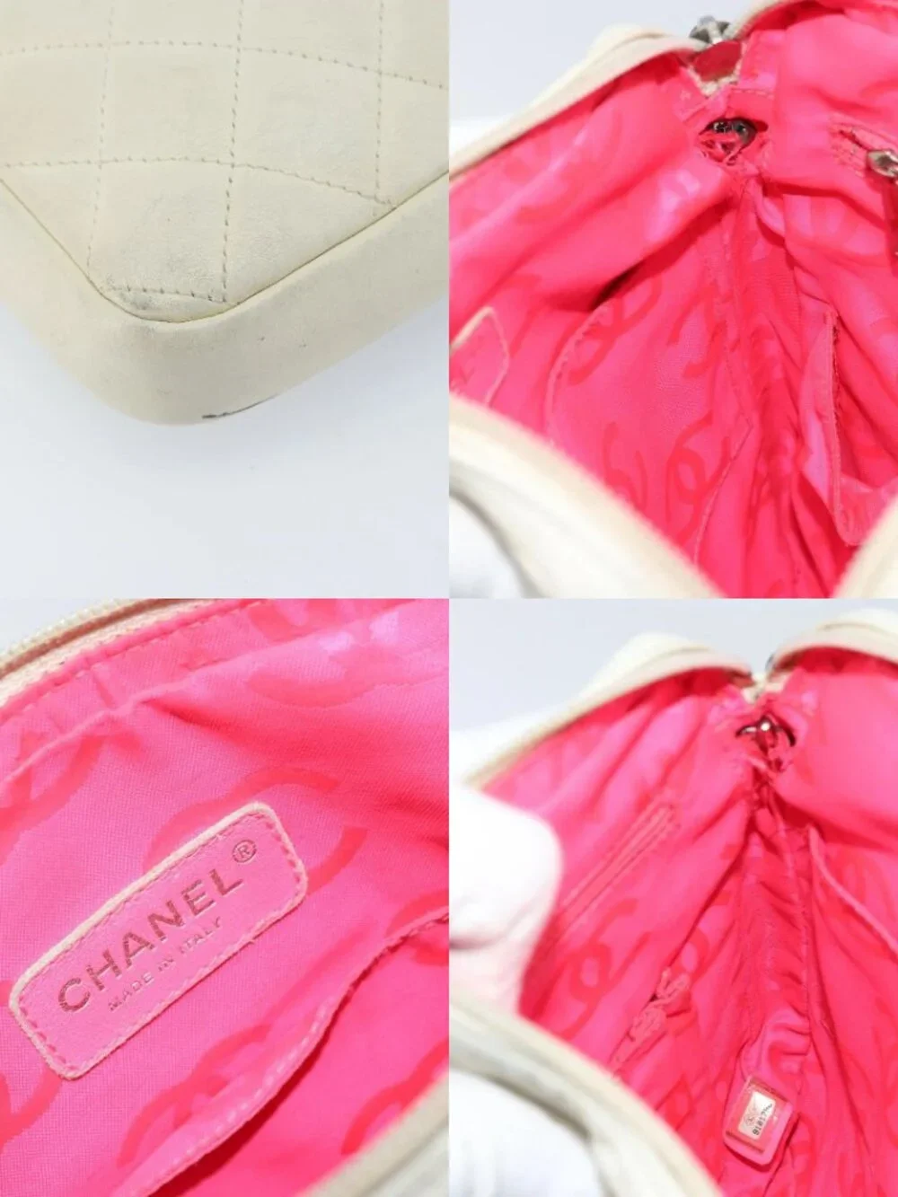 CHANEL Cambon Line Shoulder Bag Lamb Skin White Black CC Auth 172750